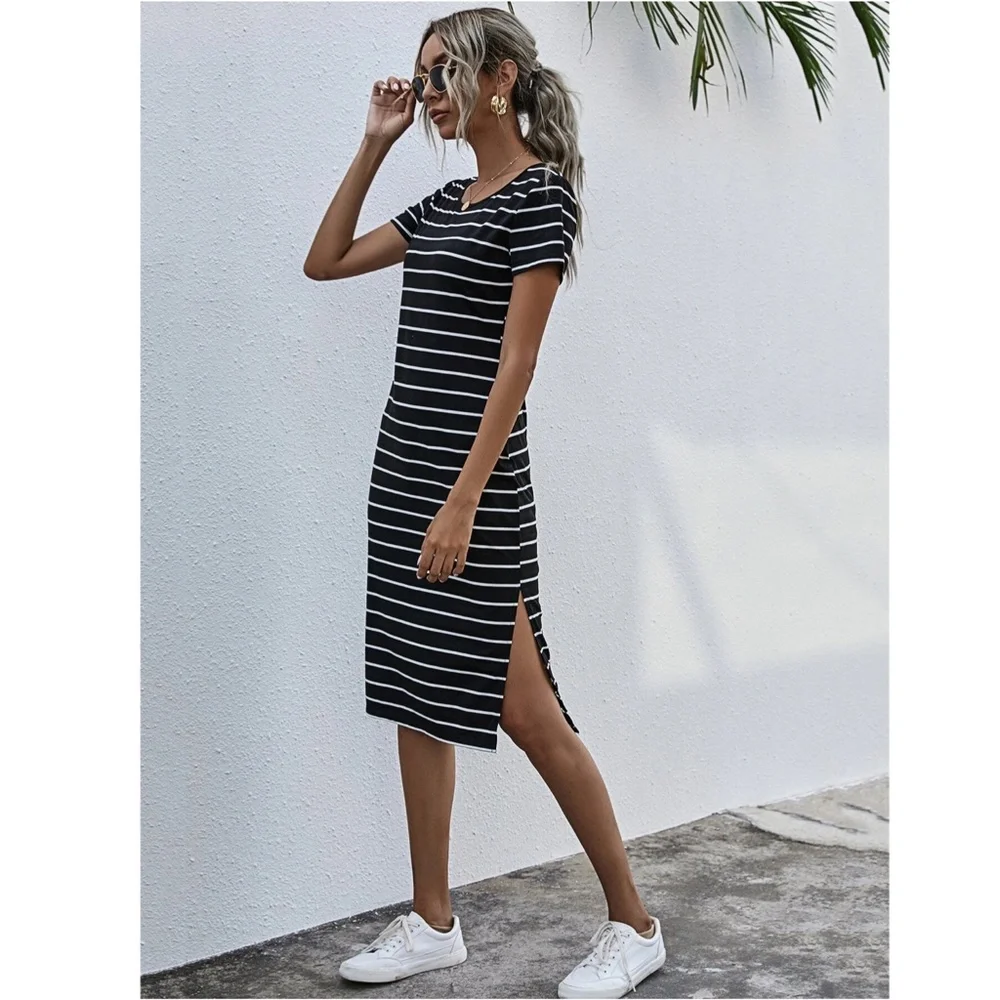 Striped Tee Shirt Dress Side Slits White on Black Short Sleeves - Picture 2 of 8